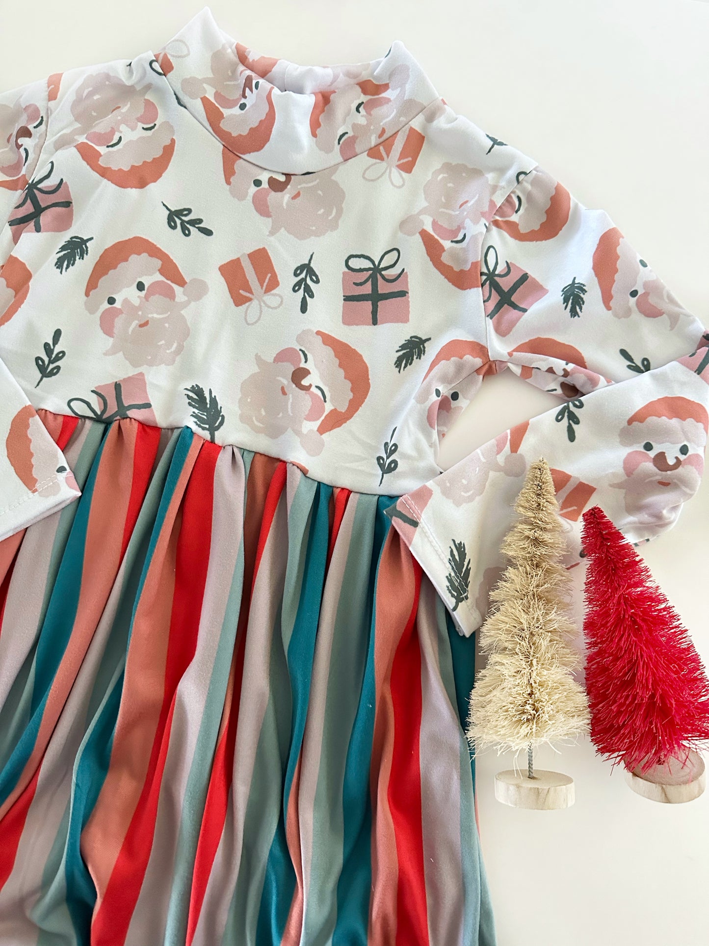 RTS 5T VINTAGE SANTA HEADS AND STRIPES MOCKNECK DRESS
