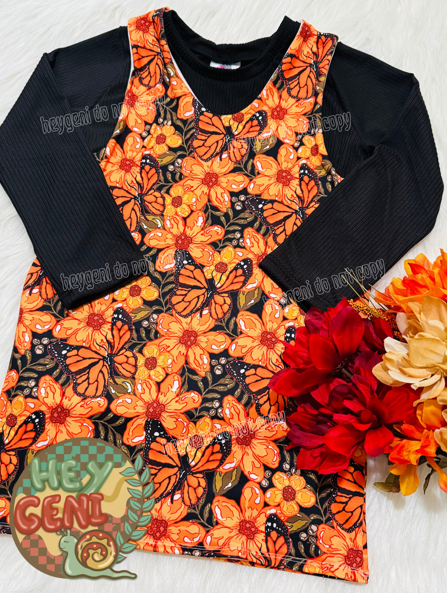 RTS 5/6Y ORANGE FLOWERS & BUTTERFLIES TANK LAYERED DRESS ONLY